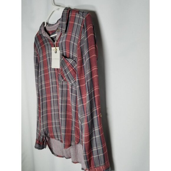 LUCKY BRAND Top Small Pink Blue Plaid 7W44249 Roll Tab Sleeve Shirt slouchy NWT‎ - Picture 2 of 15